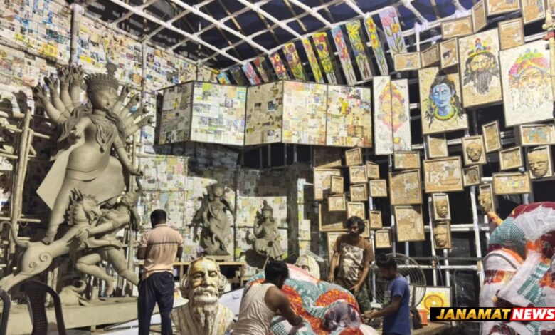 Durga Puja 2026 : Kolkata Baguiati Rail Pukur United Club Durga Puja Celebrating It’s 73rd Year Of Durga Puja With The Theme ‘Collage’ – A Durga Puja Pandal Made From Recycled Newspapers. -