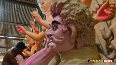 An idol maker gives the finishing touches to an idol of Goddess Durga at his studio in the Bypass area on the outskirts of Agartala ahead of the Durga Puja festival on October 3. |