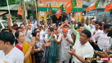 BJP party workers celebrated the massive victory of NDA in Village Committee elections in front of party headquarters at Agartala on October 6. |