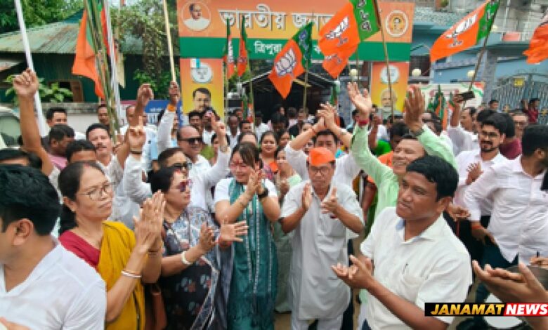 BJP party workers celebrated the massive victory of NDA in Village Committee elections in front of party headquarters at Agartala on October 6. |
