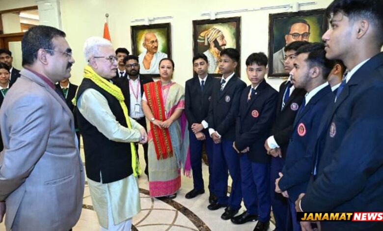 Tripura tribal students on Assam Rifles educational tour interact with Maharashtra Governor Jishnu Dev Varma |